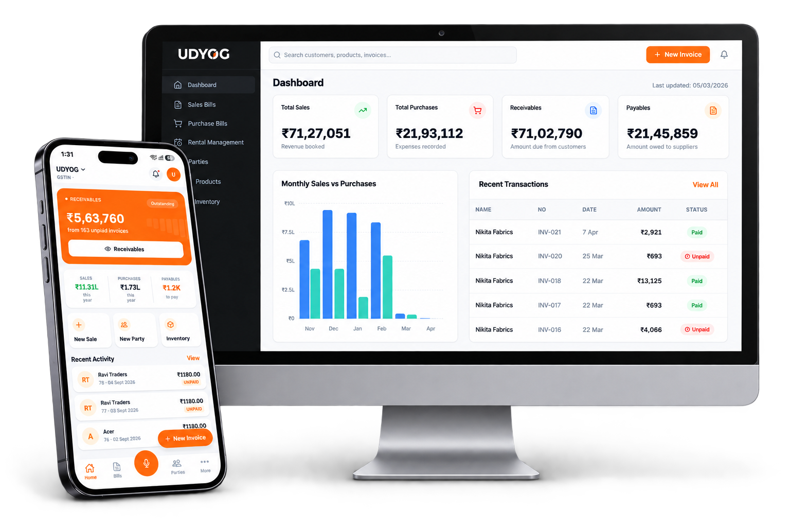 Udyog GST Billing Software on Desktop and Mobile